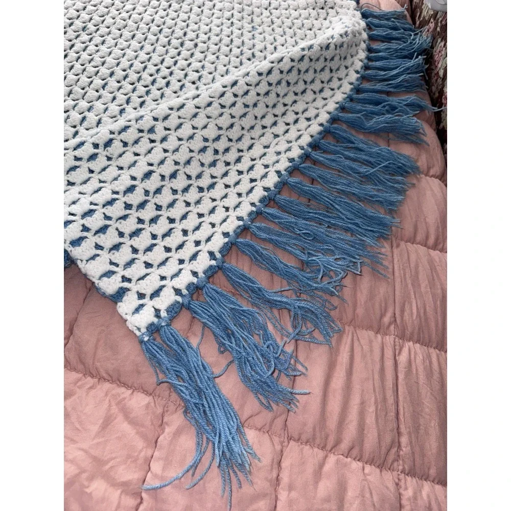 Handmade Crocheted Afghan Blanket Blue & White With Tassels 57x55 Reversible